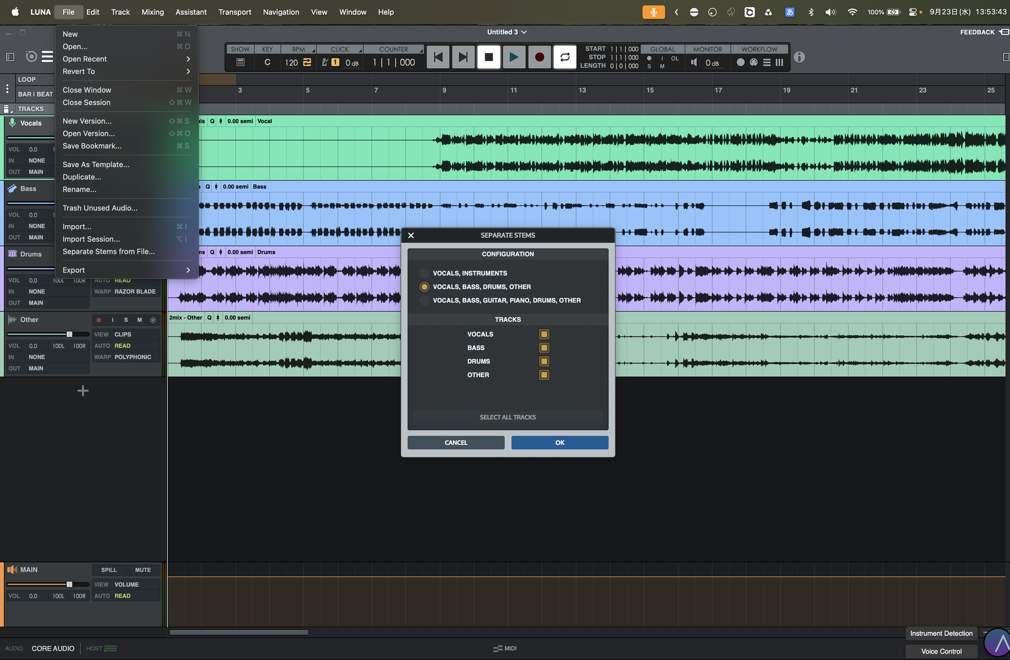 FileメニューのSeparate Stems from File…からも分離できる