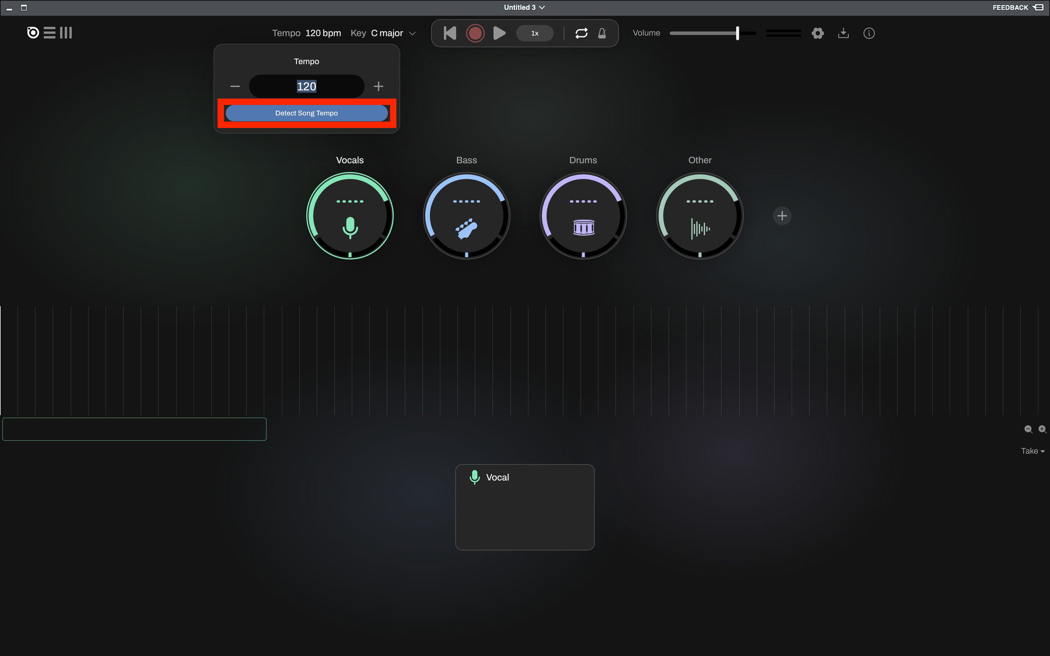 TempoをクリックしてDetect Song Tempoを押すと、曲のテンポが検出される