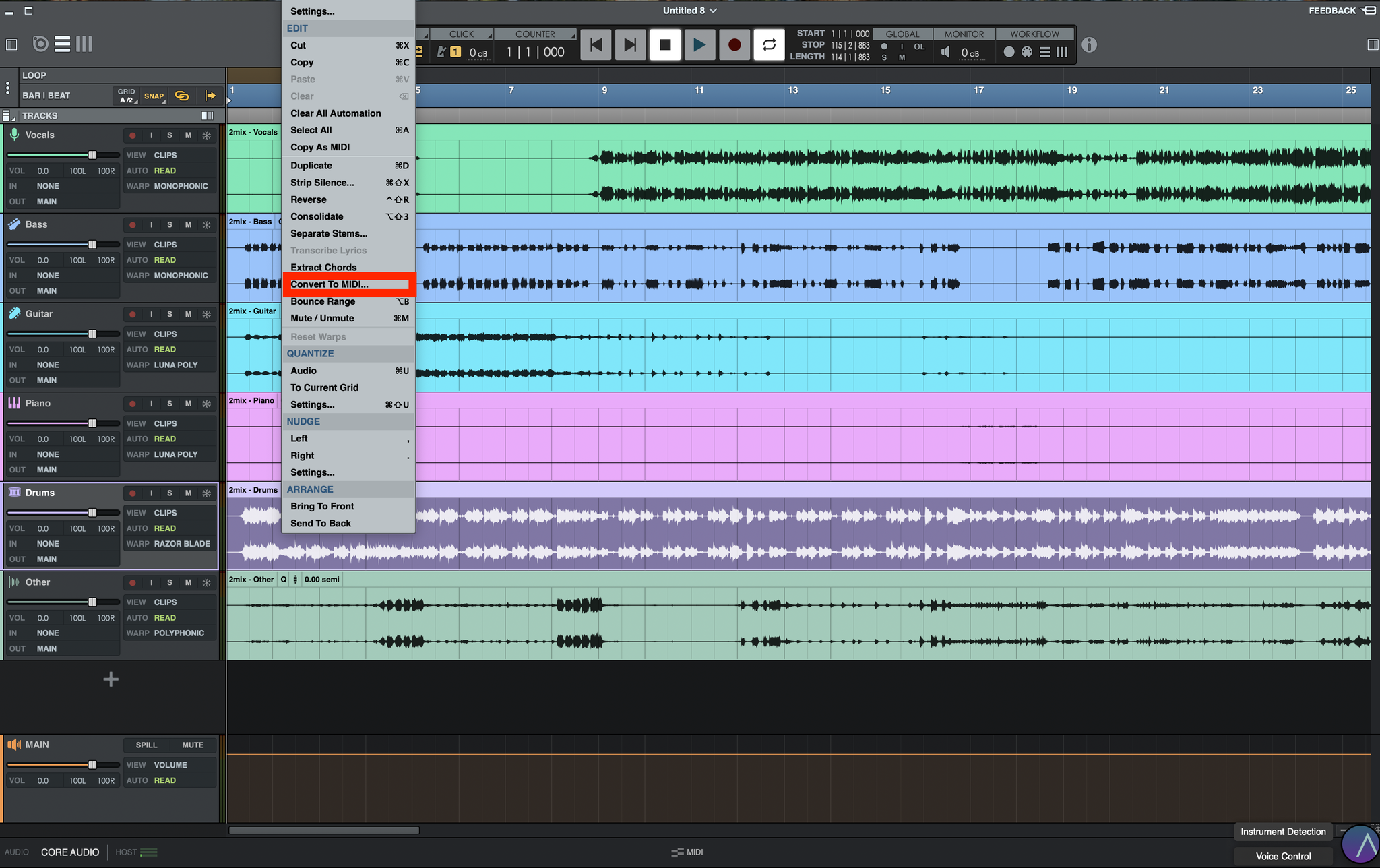 6パートに分離したトラックを右クリックしてConvert to MIDI…を選ぶ