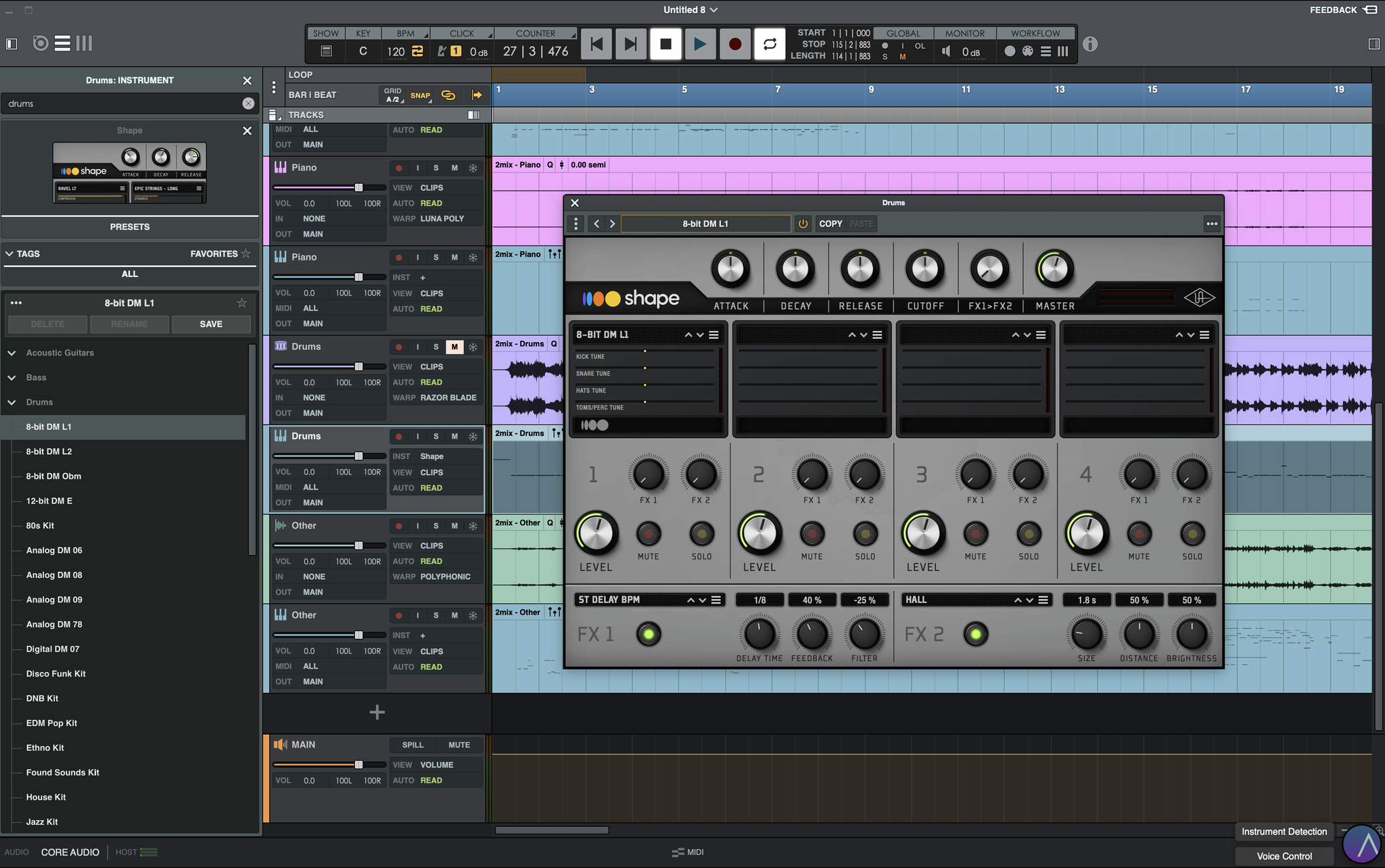 INSTの+から音源を割り当てる。ドラムのトラックにはShapeのドラムキット