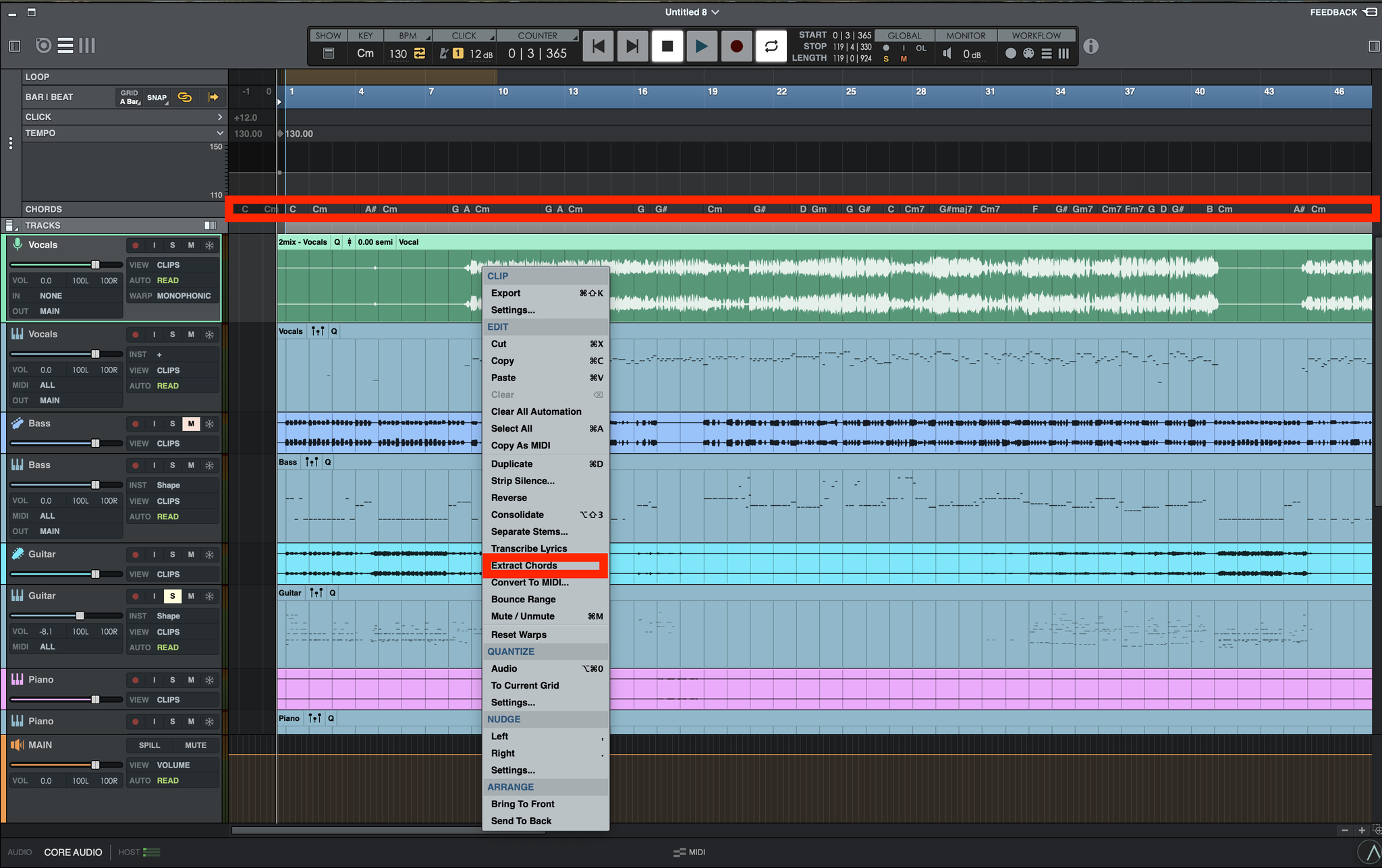 Extract Chordsで解析したコードがChordsルーラーに並ぶ