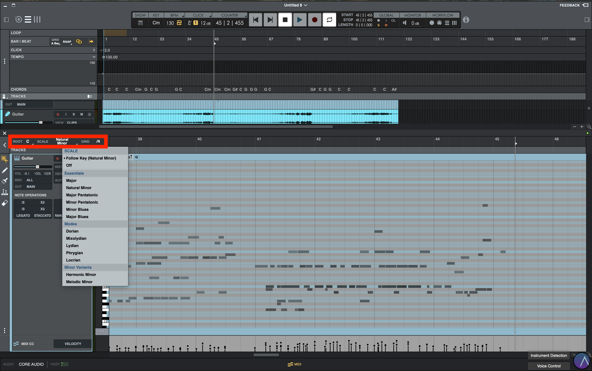 SCALEをオンにするとスケール内の段が明るくなり、外れた音は色で分かる