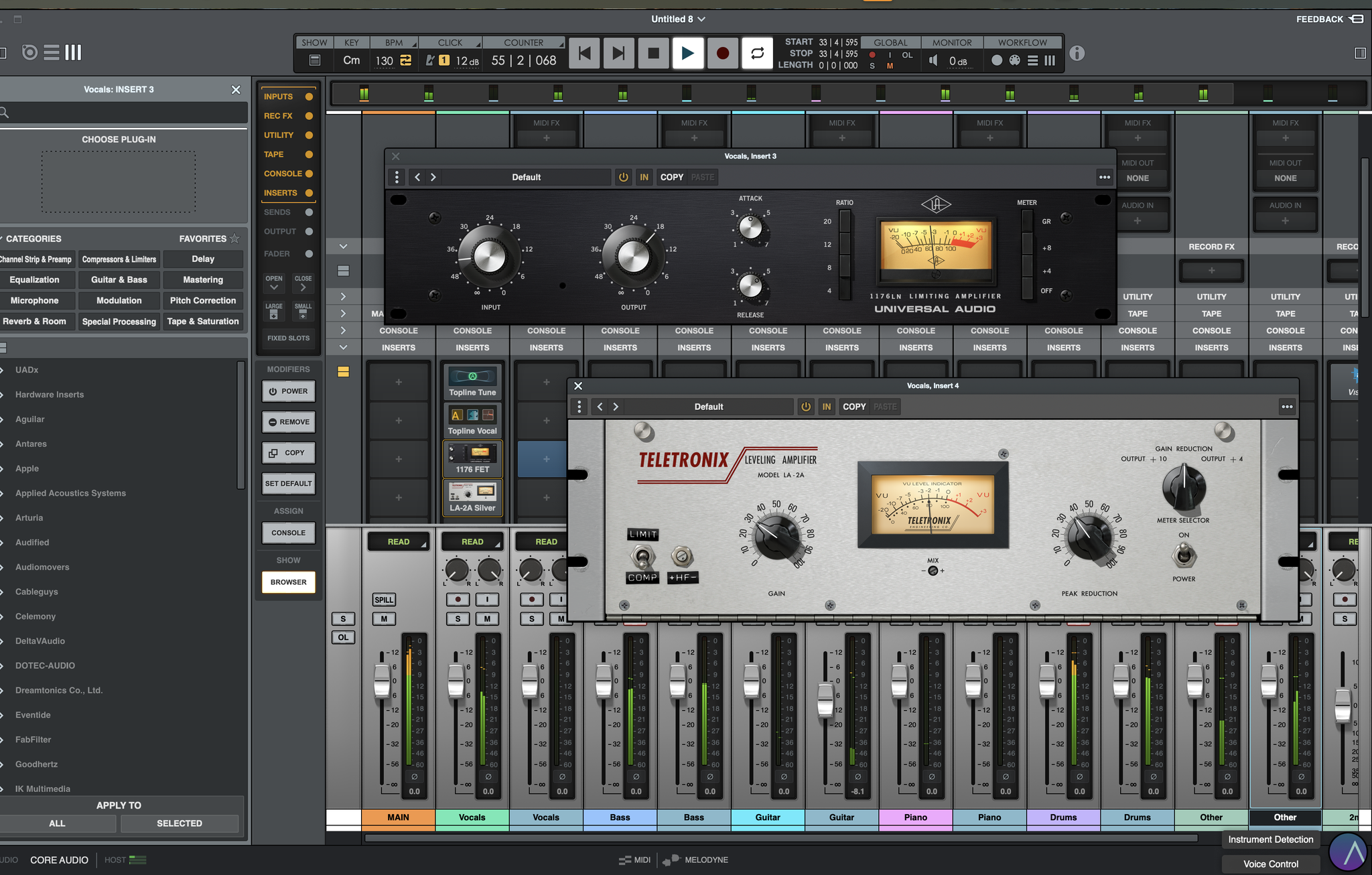ボーカルのインサートにUA 610とLA-2Aを挿したところ